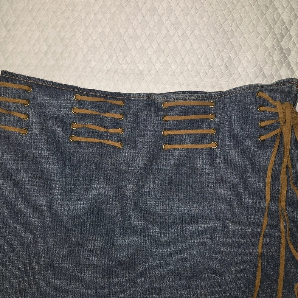 Trendy Denim Mini Skirt - Blue and Brown, Leather Laces On Waist, Womens Large